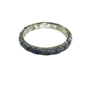 Silver Tone And Blue Rhinestone Hinged Bangle Bracelet (6153-1-2)